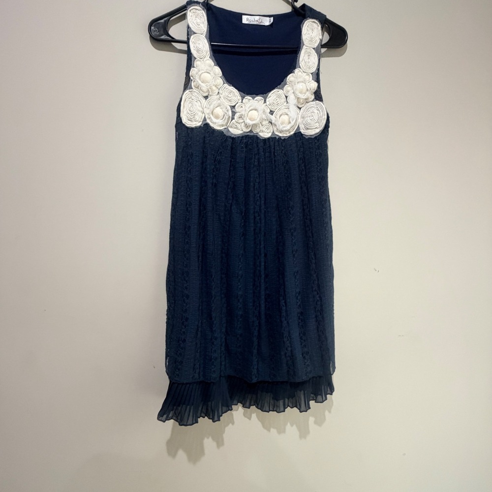 Roshi Rosette Lace Tunic Dress Women Medium Large Navy Blue Flowy Whimsigoth